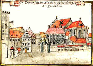 S. Dorotheam Kirch von Schweidnitzergasse an zu sehen - Kościół św. Doroty, widok z ul. Świdnickiej
